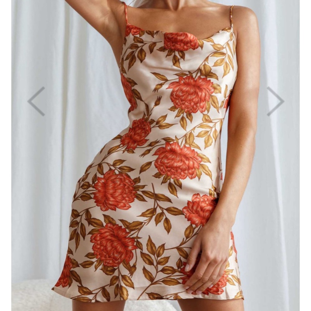 Floral print silk cowl neck dress